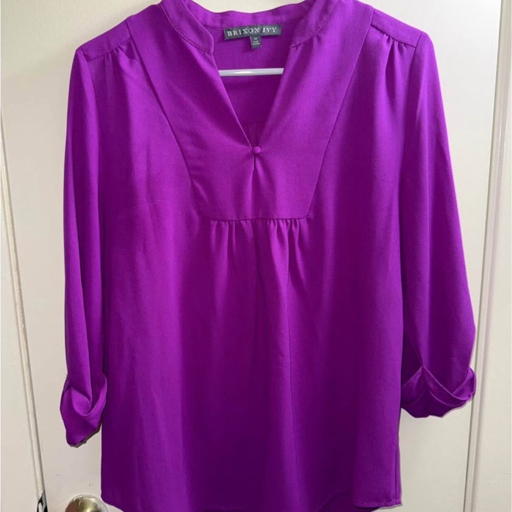 Brixon Ivy Purple Blouse with Mandarin Collar and Relaxed Fit